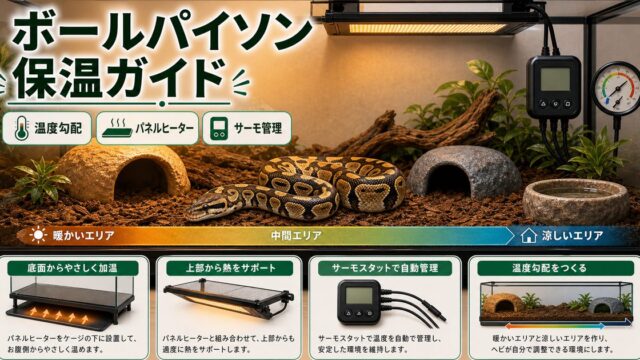 ボールパイソンの保温・温度管理完全ガイド！パネルヒーター・暖突・サーモの選び方の要点を伝えるカメレオン・爬虫類記事アイキャッチ画像