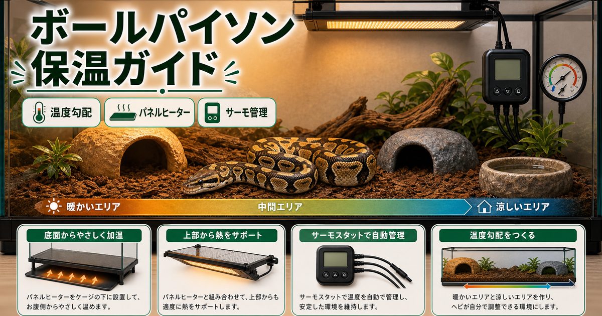 ボールパイソンの保温・温度管理完全ガイド！パネルヒーター・暖突・サーモの選び方の要点を伝えるカメレオン・爬虫類記事アイキャッチ画像