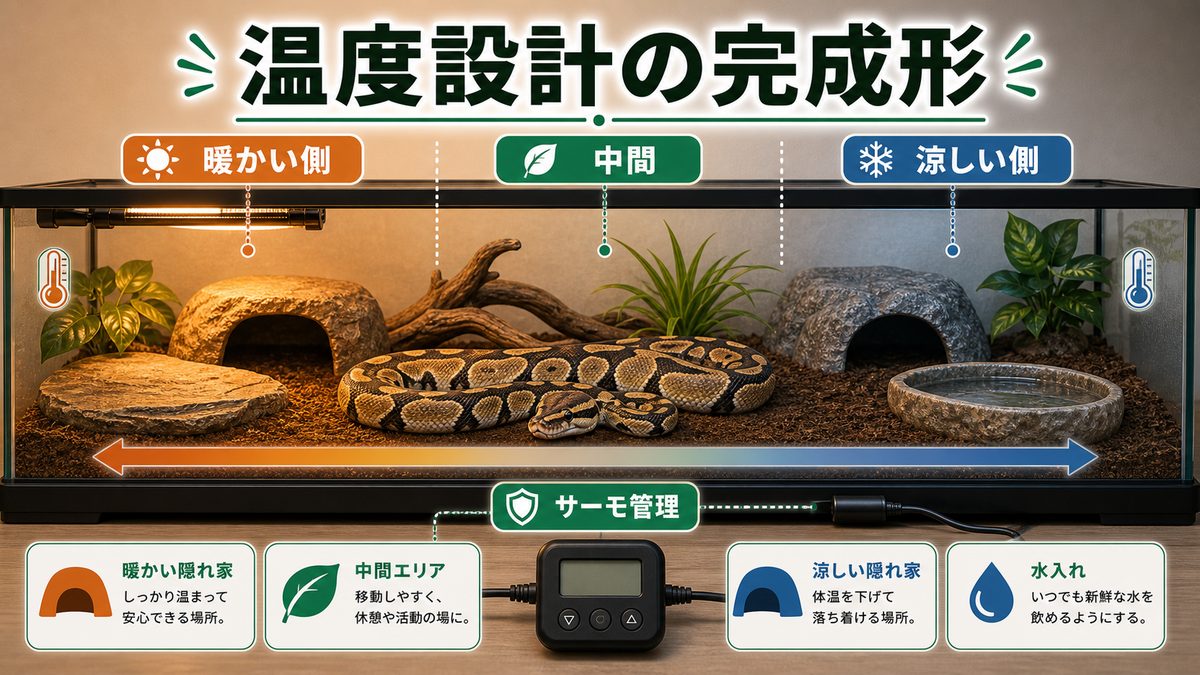 まず結論：ボールパイソンの温度の"完成形"を表で確認の要点をまとめたカメレオン・爬虫類飼育インフォグラフィック