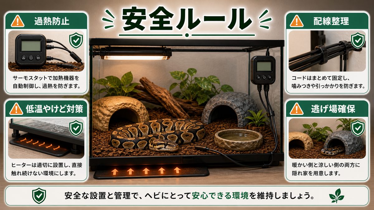 過熱・低温やけど・火災を防ぐ安全ルールの要点をまとめたカメレオン・爬虫類飼育インフォグラフィック
