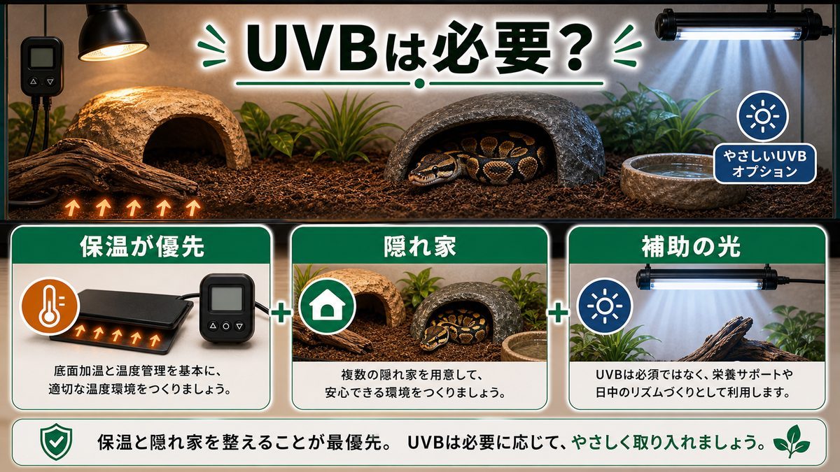 ボールパイソンにUVB(紫外線ライト)は必要?の要点をまとめたカメレオン・爬虫類飼育インフォグラフィック