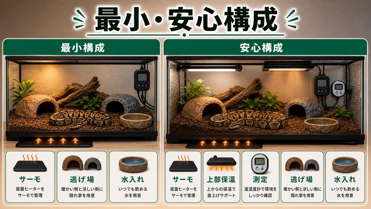 「私(カメレオン飼育者)ならこう組む」最小・安心構成の要点をまとめたカメレオン・爬虫類飼育インフォグラフィック