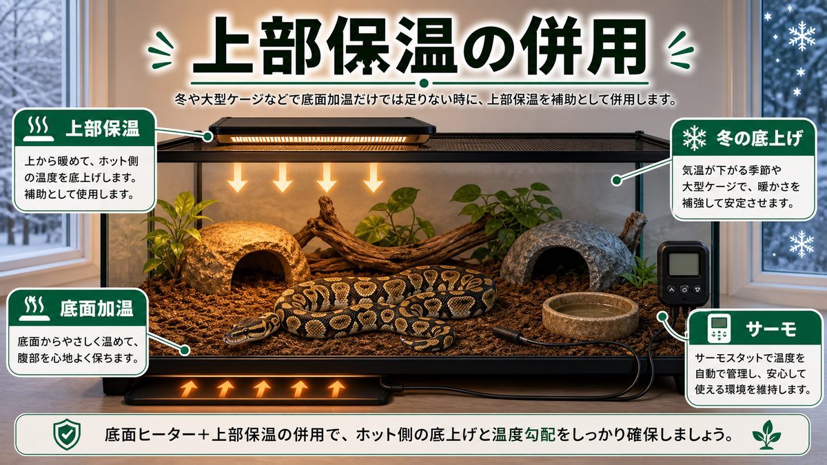 冬の底上げに使う保温球・セラミックヒーターの要点をまとめたカメレオン・爬虫類飼育インフォグラフィック