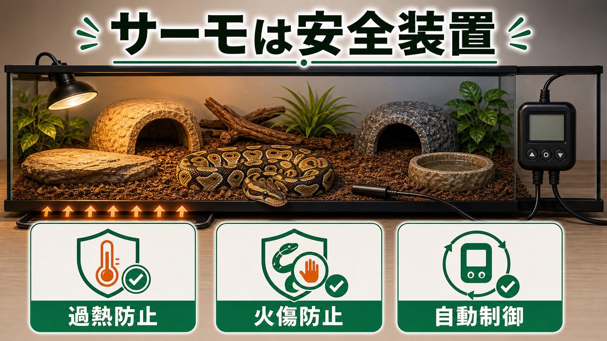 過熱を防ぐ"安全装置"：サーモスタットは必須の要点をまとめたカメレオン・爬虫類飼育インフォグラフィック