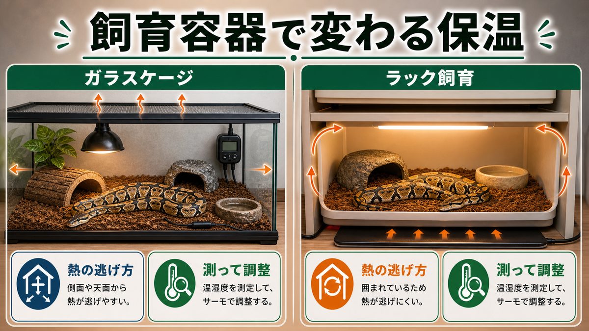 ガラスケージとラック飼育、保温の考え方の違いの要点をまとめたカメレオン・爬虫類飼育インフォグラフィック