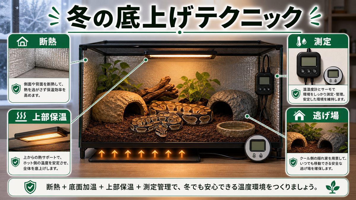 冬の保温・底上げの実践テクニックの要点をまとめたカメレオン・爬虫類飼育インフォグラフィック