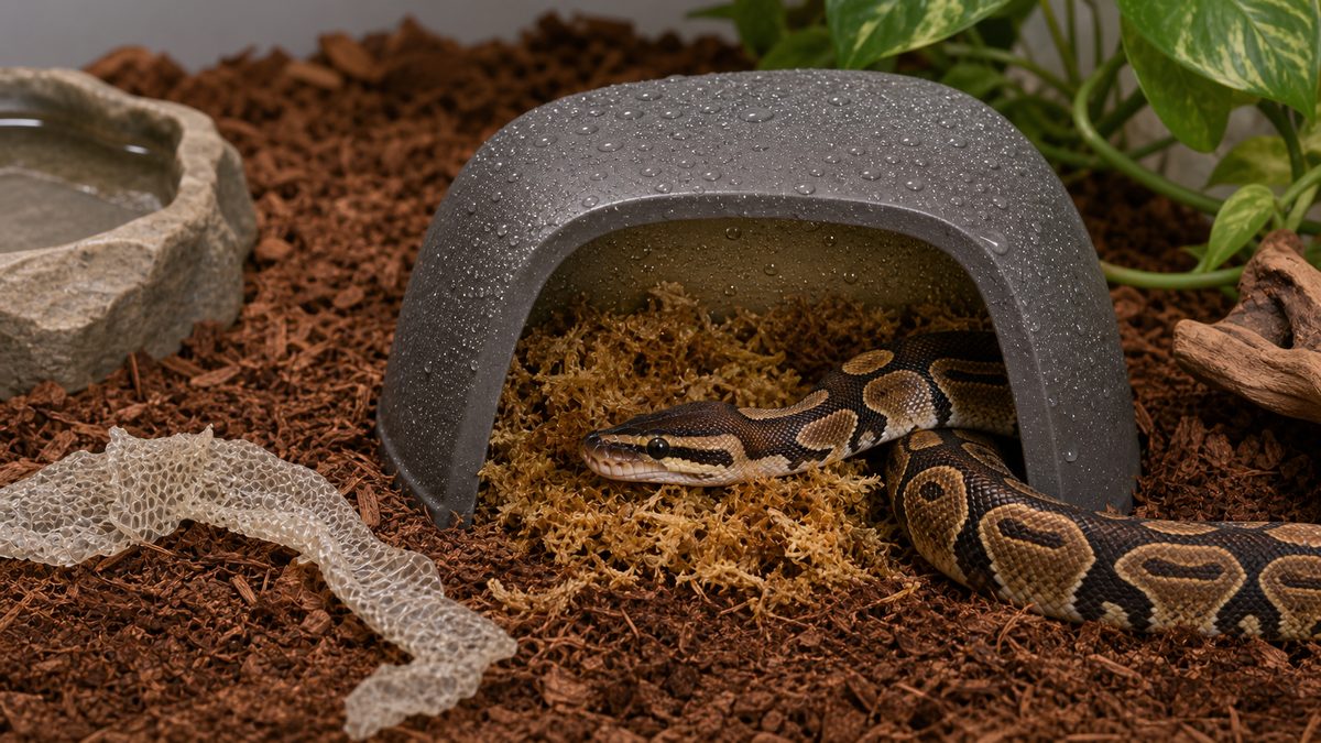 脱皮を助けるウェットハイド(湿度シェルター)の役割の要点をまとめたカメレオン・爬虫類飼育インフォグラフィック