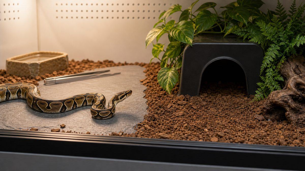 シェルター不足が拒食を招くメカニズムの要点をまとめたカメレオン・爬虫類飼育インフォグラフィック
