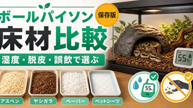 ボールパイソンの床材おすすめ比較！湿度・脱皮・誤飲で選ぶ正解の要点を伝えるカメレオン・爬虫類記事アイキャッチ画像