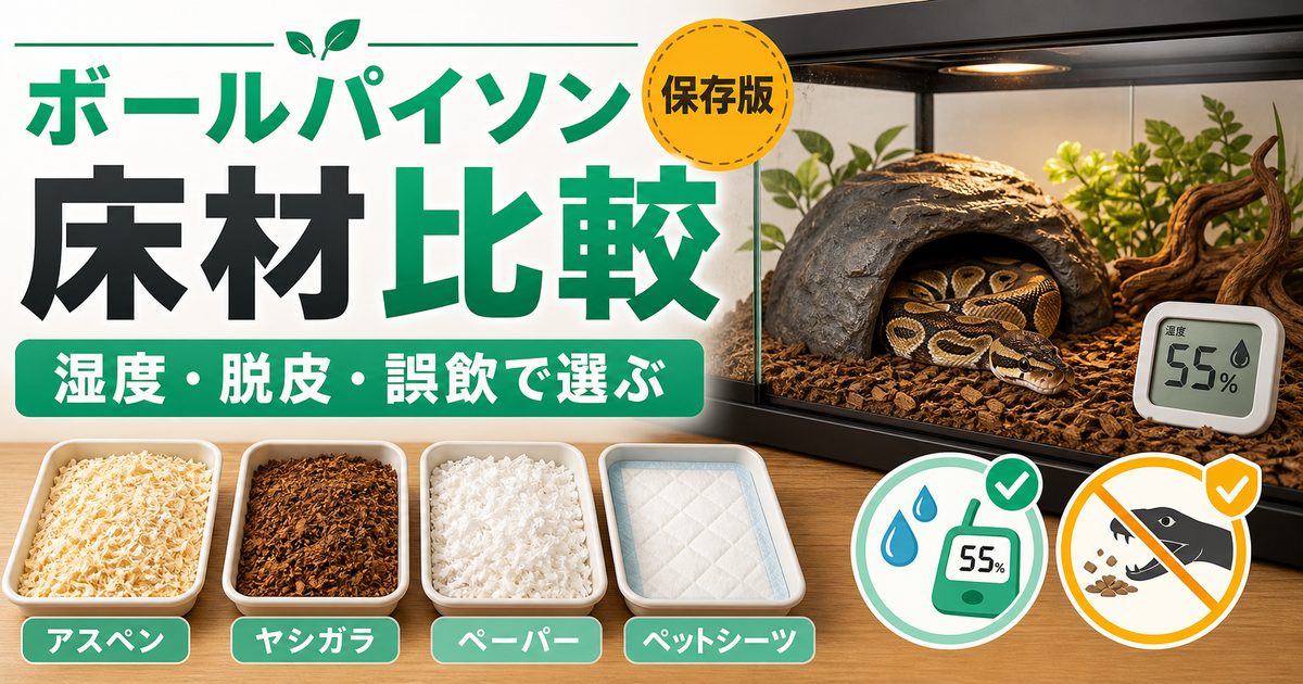 ボールパイソンの床材おすすめ比較！湿度・脱皮・誤飲で選ぶ正解の要点を伝えるカメレオン・爬虫類記事アイキャッチ画像