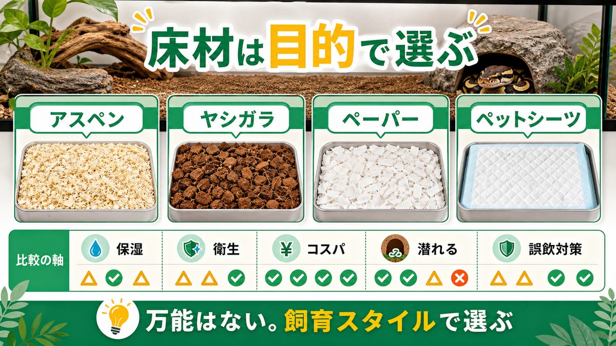 まず結論:ボールパイソンの床材タイプ別 比較一覧表の要点をまとめたカメレオン・爬虫類飼育インフォグラフィック