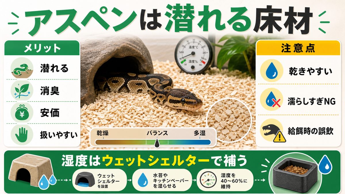 アスペンチップ:潜れて消臭性◎、ただし多湿維持には工夫が必要の要点をまとめたカメレオン・爬虫類飼育インフォグラフィック