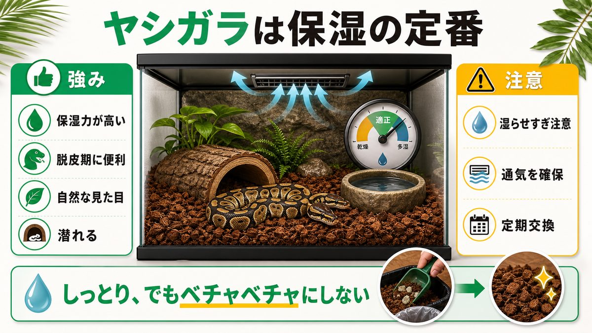 ヤシガラ/ココチップ・ココハスク:保湿力◎、ボールパイソンに人気の定番の要点をまとめたカメレオン・爬虫類飼育インフォグラフィック