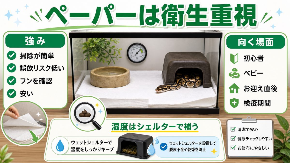 ニュースペーパー/キッチンペーパー:超衛生的・激安・誤飲ゼロの要点をまとめたカメレオン・爬虫類飼育インフォグラフィック