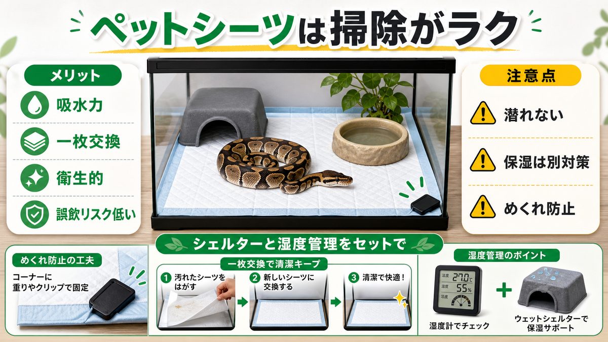 ペットシーツ:吸水・交換が簡単で衛生的の要点をまとめたカメレオン・爬虫類飼育インフォグラフィック