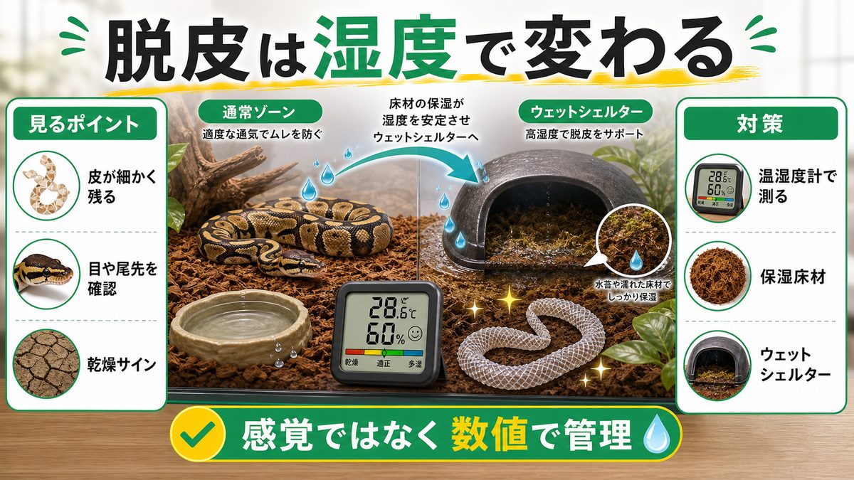 湿度・脱皮との関係:床材が脱皮不全を左右するの要点をまとめたカメレオン・爬虫類飼育インフォグラフィック