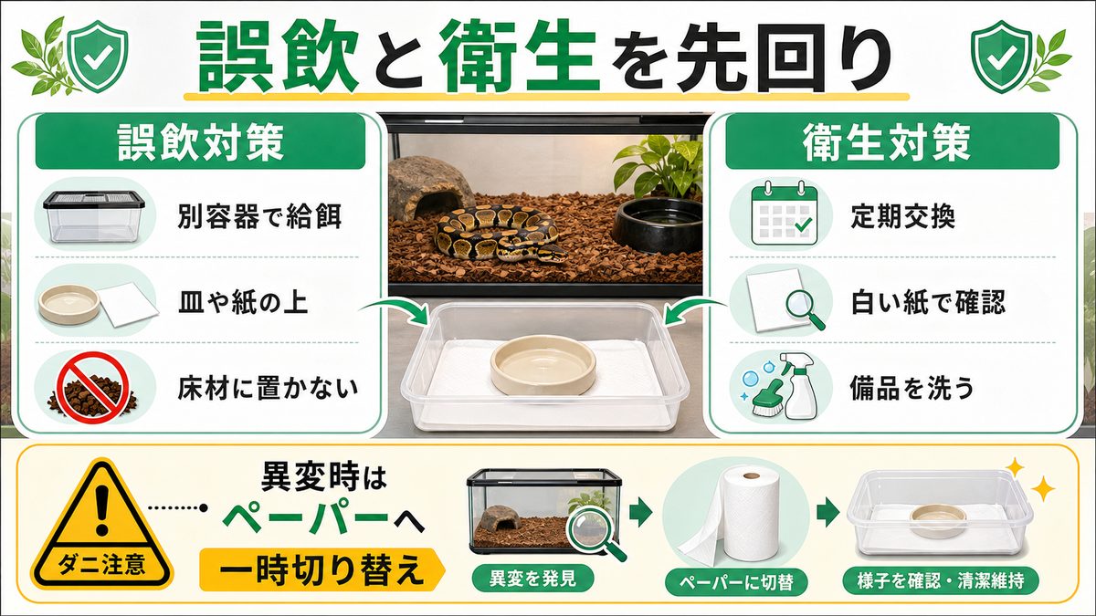 誤飲・ダニ対策:床材タイプで変わる安全性と衛生の要点をまとめたカメレオン・爬虫類飼育インフォグラフィック
