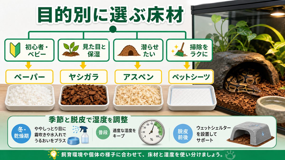 目的別おすすめ・床材の選び方の要点をまとめたカメレオン・爬虫類飼育インフォグラフィック