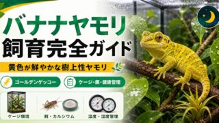 バナナヤモリ飼育完全ガイド｜黄色が鮮やかな樹上性ヤモリの特徴・ケージ・餌を徹底解説の要点を伝えるカメレオン・爬虫類記事アイキャッチ画像