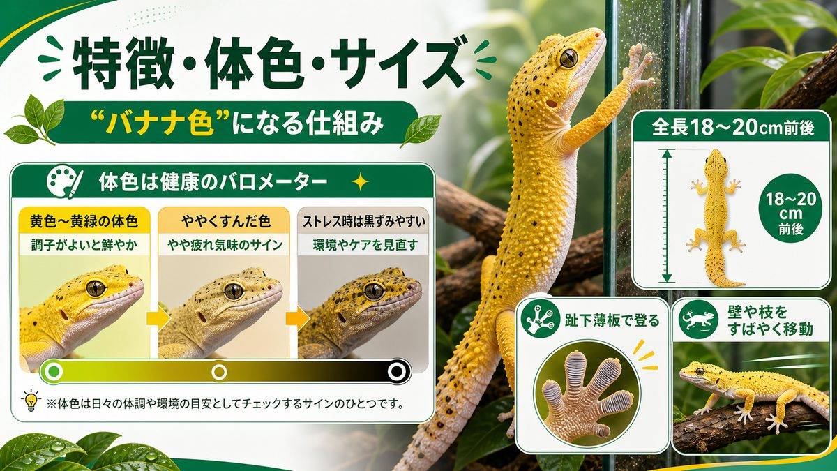 特徴・体色・サイズ｜「バナナ色」になる仕組みの要点をまとめたカメレオン・爬虫類飼育インフォグラフィック