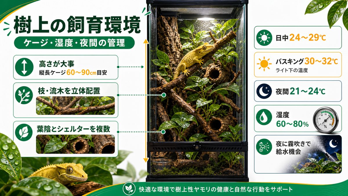 樹上の飼育環境｜ケージ・湿度・夜間の管理の要点をまとめたカメレオン・爬虫類飼育インフォグラフィック