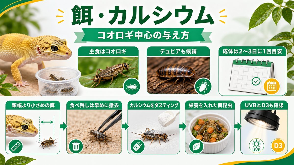 餌・カルシウム｜コオロギ中心の与え方の要点をまとめたカメレオン・爬虫類飼育インフォグラフィック