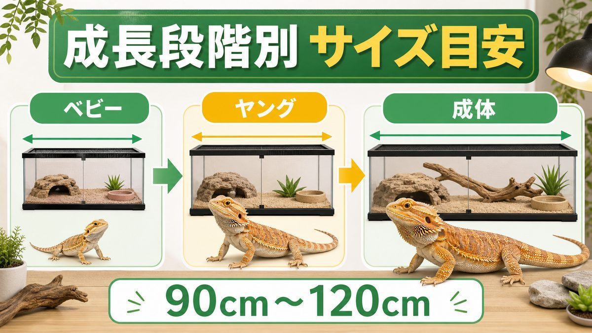 フトアゴのケージは何cm必要?成長段階別サイズの目安の要点をまとめたカメレオン・爬虫類飼育インフォグラフィック
