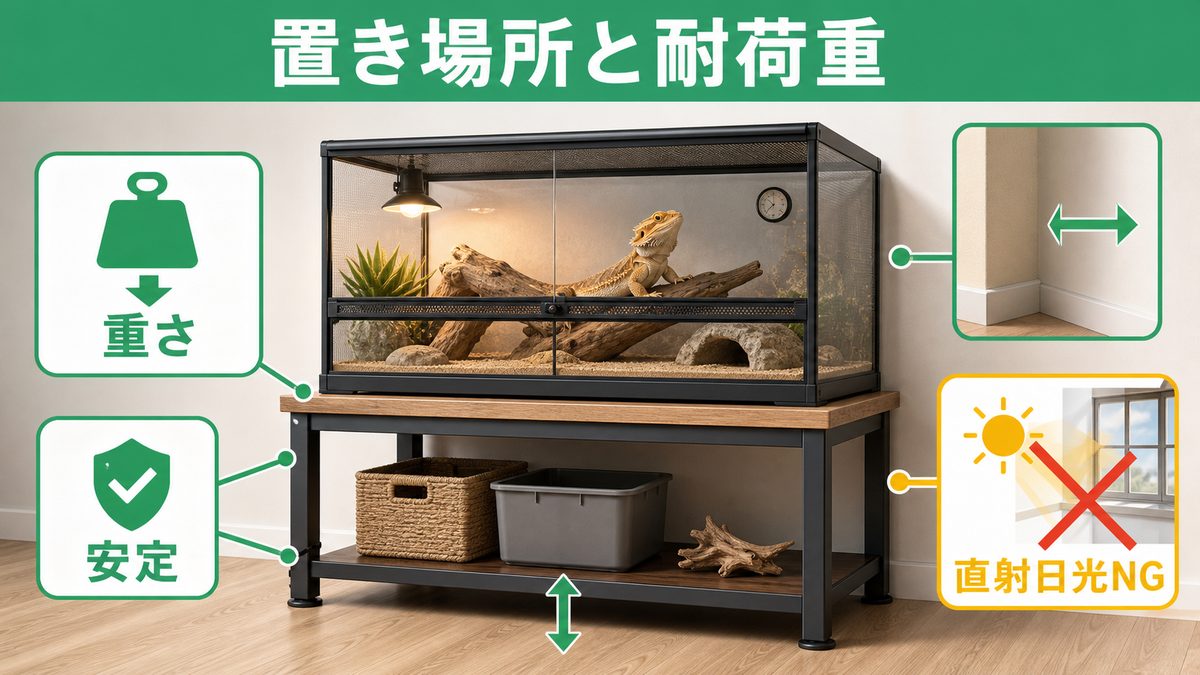 ケージ台・置き場所|重量と耐荷重に注意の要点をまとめたカメレオン・爬虫類飼育インフォグラフィック