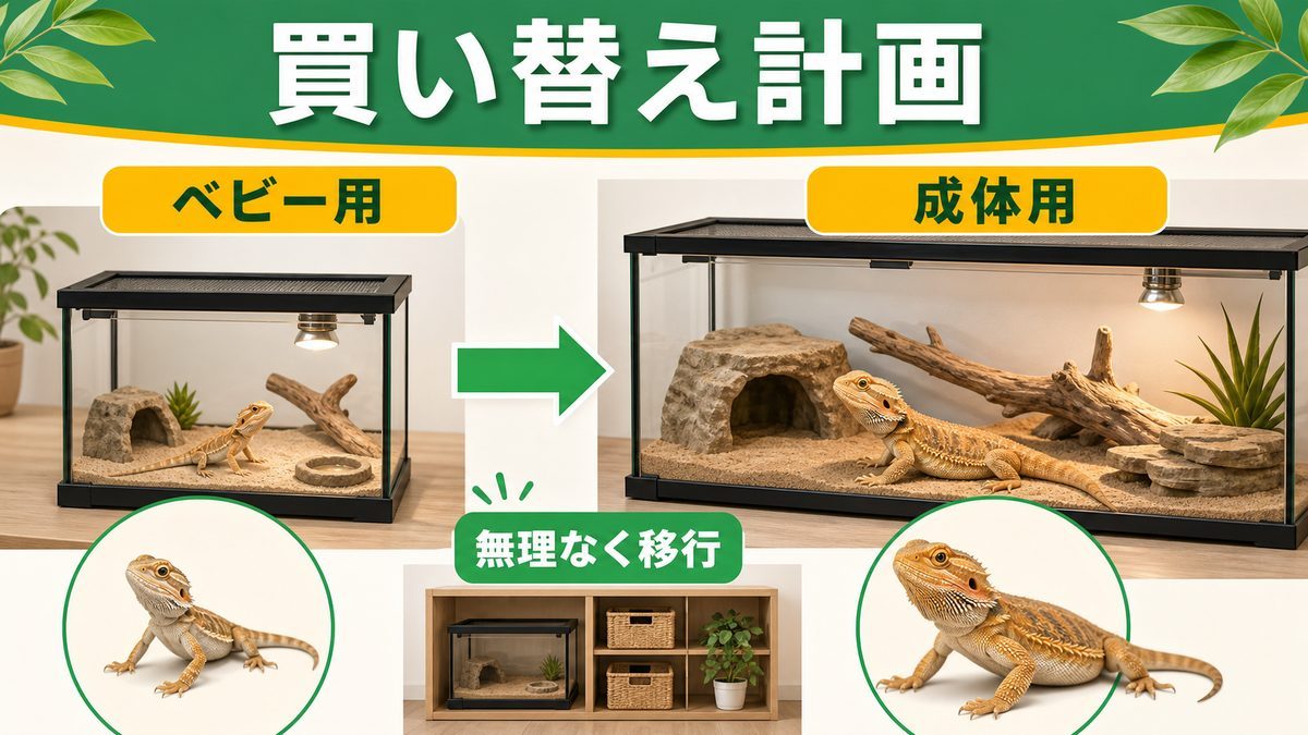 複数ケージ運用とベビー・成体での買い替えの要点をまとめたカメレオン・爬虫類飼育インフォグラフィック