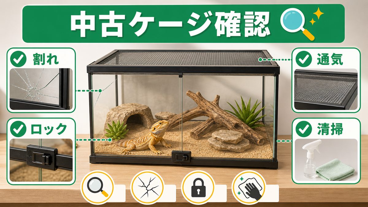 中古・大型ケージを安く探すときの注意点の要点をまとめたカメレオン・爬虫類飼育インフォグラフィック
