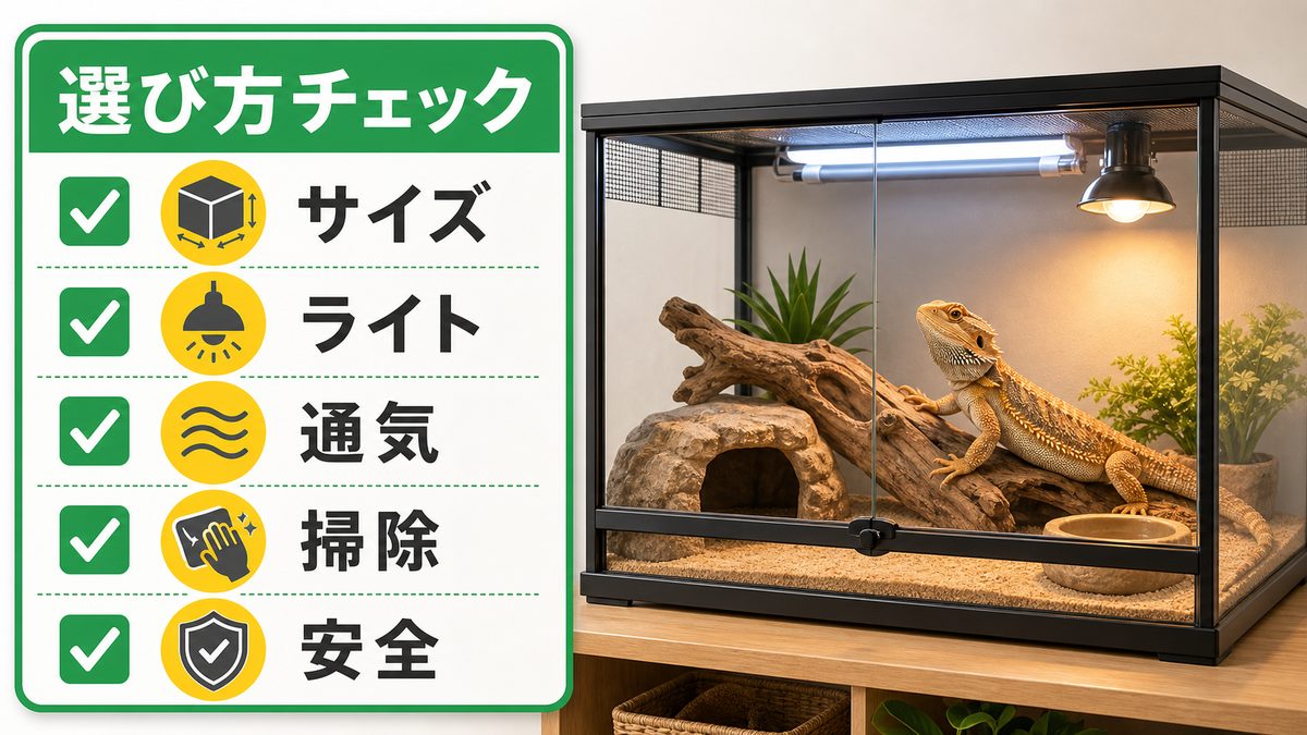 失敗しないケージ選びのチェックポイントの要点をまとめたカメレオン・爬虫類飼育インフォグラフィック