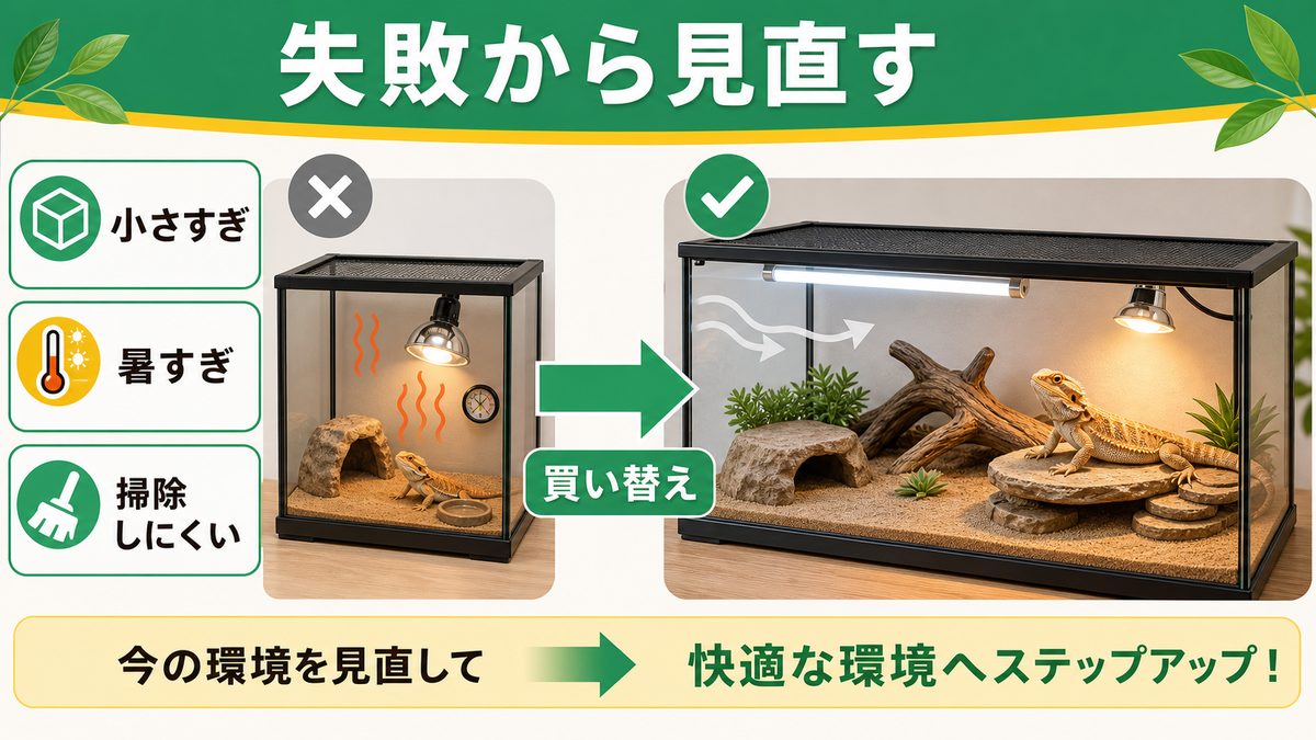 よくある失敗・買い替えの考え方の要点をまとめたカメレオン・爬虫類飼育インフォグラフィック