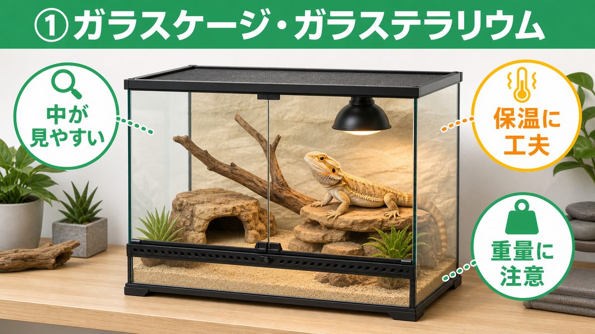 ①ガラスケージ・ガラステラリウムの要点をまとめたカメレオン・爬虫類飼育インフォグラフィック