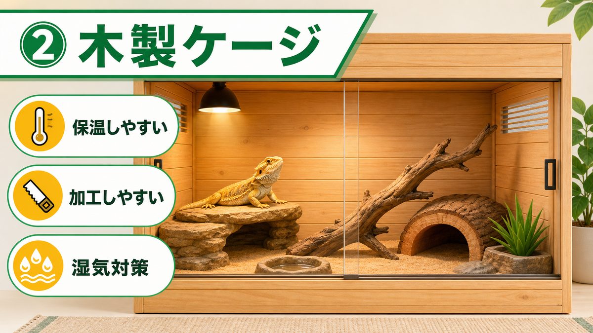 ②木製ケージの要点をまとめたカメレオン・爬虫類飼育インフォグラフィック