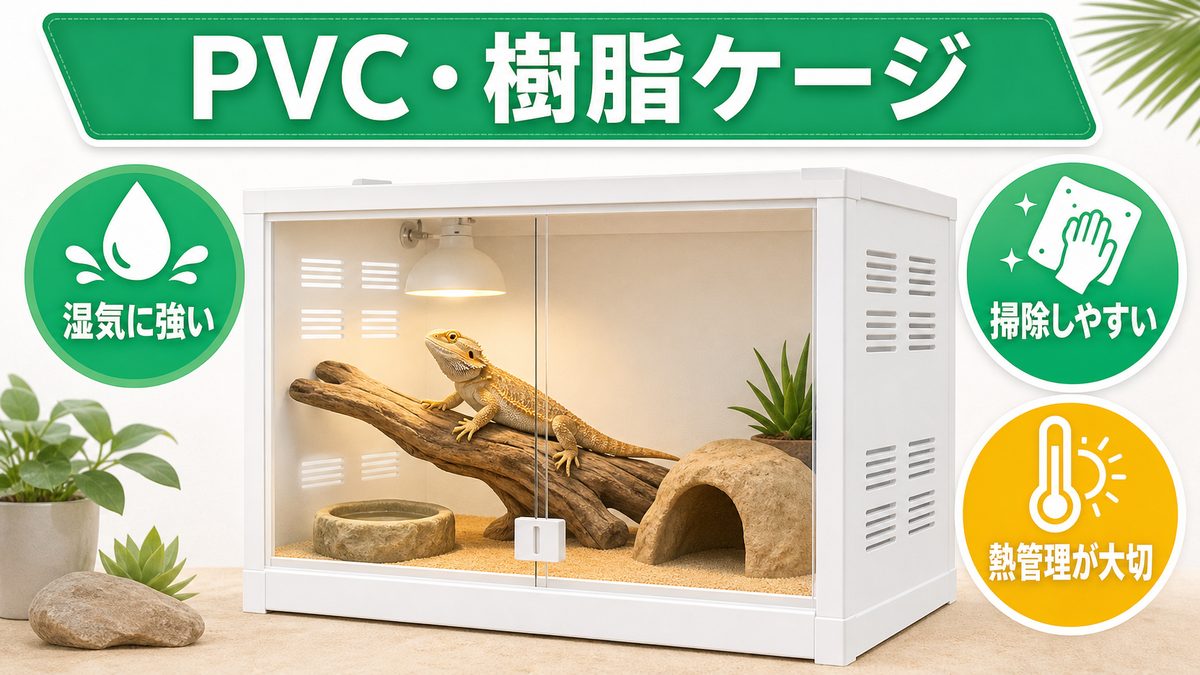 ④PVC・樹脂ケージの要点をまとめたカメレオン・爬虫類飼育インフォグラフィック