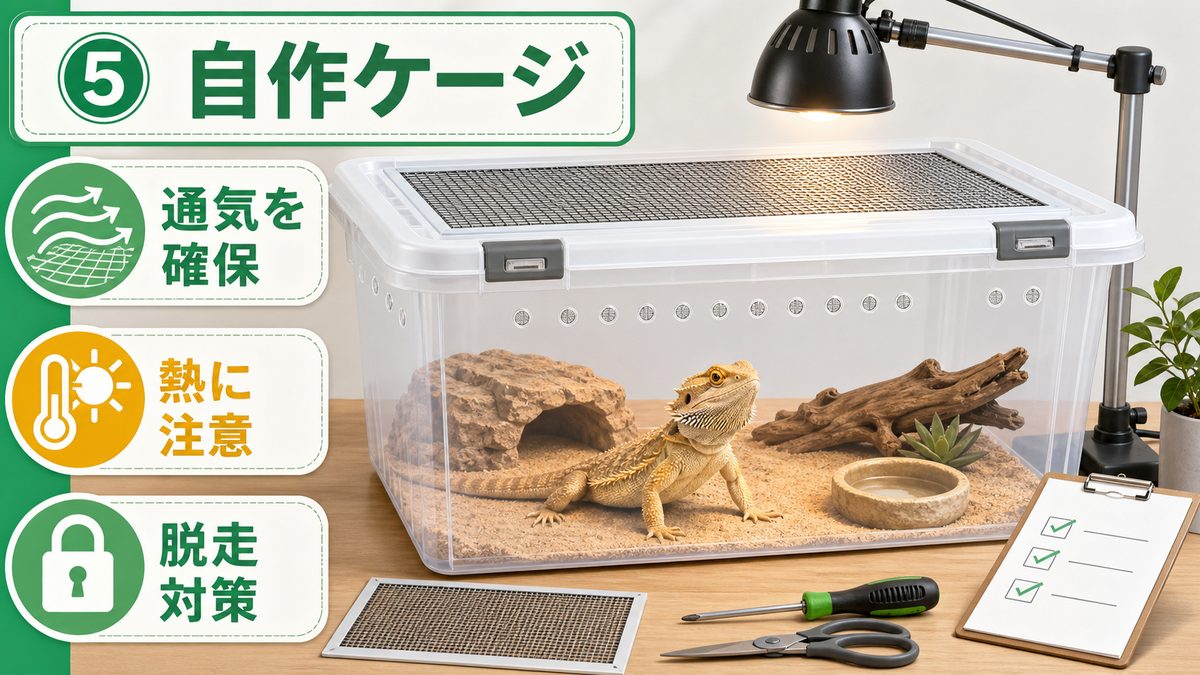 ⑤衣装ケース・自作ケージの要点をまとめたカメレオン・爬虫類飼育インフォグラフィック