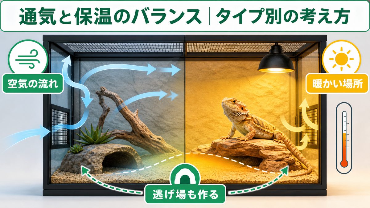 通気と保温のバランス|タイプ別の考え方の要点をまとめたカメレオン・爬虫類飼育インフォグラフィック