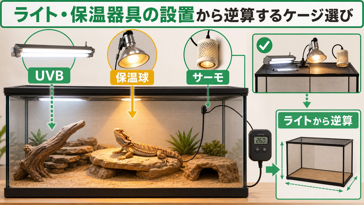 ライト・保温器具の設置から逆算するケージ選びの要点をまとめたカメレオン・爬虫類飼育インフォグラフィック