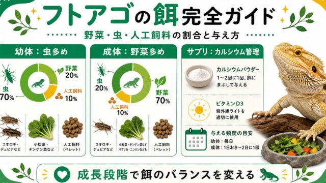 フトアゴヒゲトカゲの餌完全ガイド！野菜・虫・人工飼料の割合と与え方の要点を伝えるカメレオン・爬虫類記事アイキャッチ画像