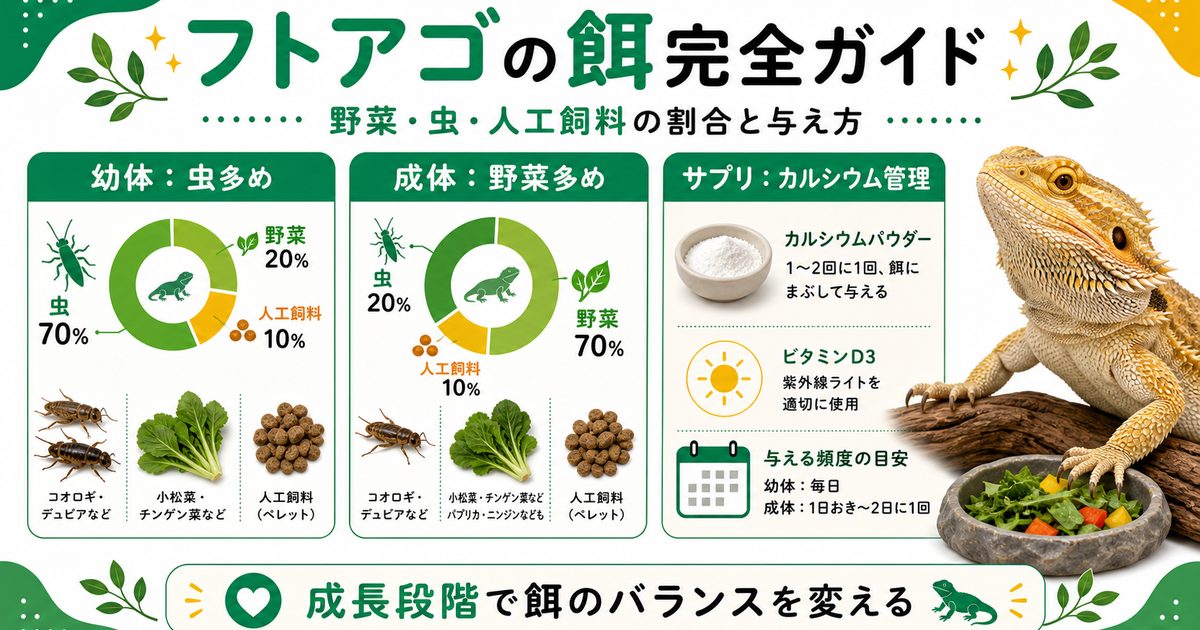 フトアゴヒゲトカゲの餌完全ガイド！野菜・虫・人工飼料の割合と与え方の要点を伝えるカメレオン・爬虫類記事アイキャッチ画像
