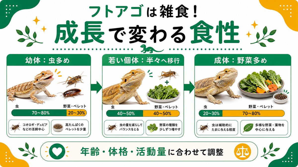 フトアゴは雑食！成長で変わる食性の要点をまとめたカメレオン・爬虫類飼育インフォグラフィック