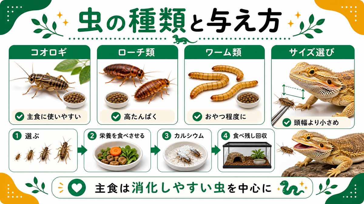 与える虫の種類と与え方の要点をまとめたカメレオン・爬虫類飼育インフォグラフィック