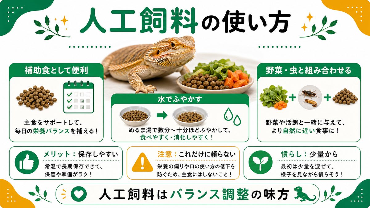 人工飼料の活用の要点をまとめたカメレオン・爬虫類飼育インフォグラフィック