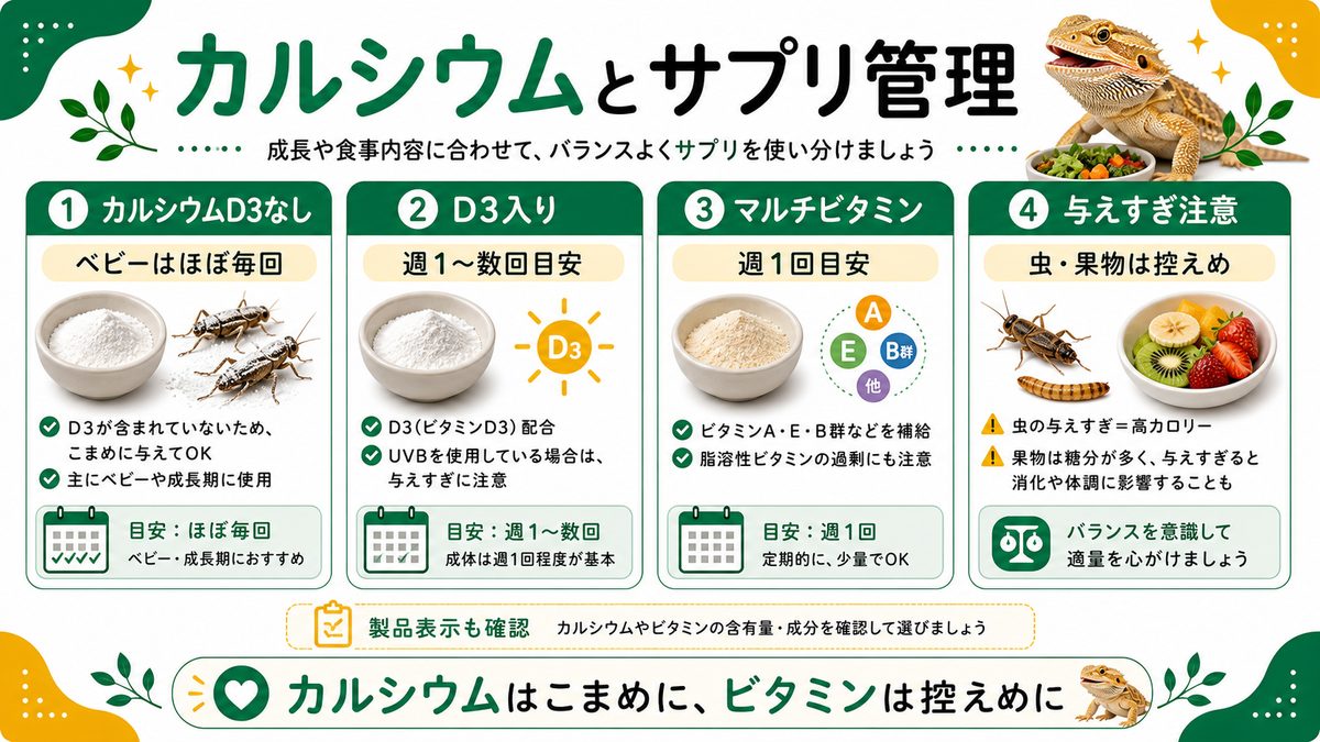 サプリ（カルシウム）と与えすぎ注意の要点をまとめたカメレオン・爬虫類飼育インフォグラフィック