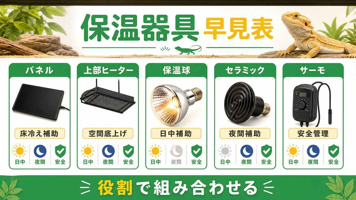 まず全体像:フトアゴ保温器具の早見比較表の要点をまとめたカメレオン・爬虫類飼育インフォグラフィック