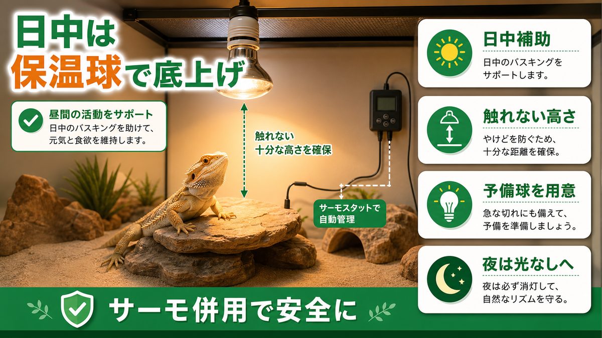 日中の温度を支える保温球の役割と注意点の要点をまとめたカメレオン・爬虫類飼育インフォグラフィック