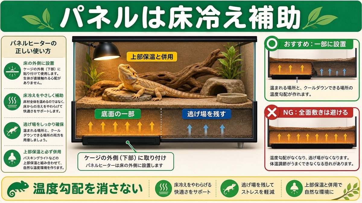 底面を温めるパネルヒーターの使い方の要点をまとめたカメレオン・爬虫類飼育インフォグラフィック