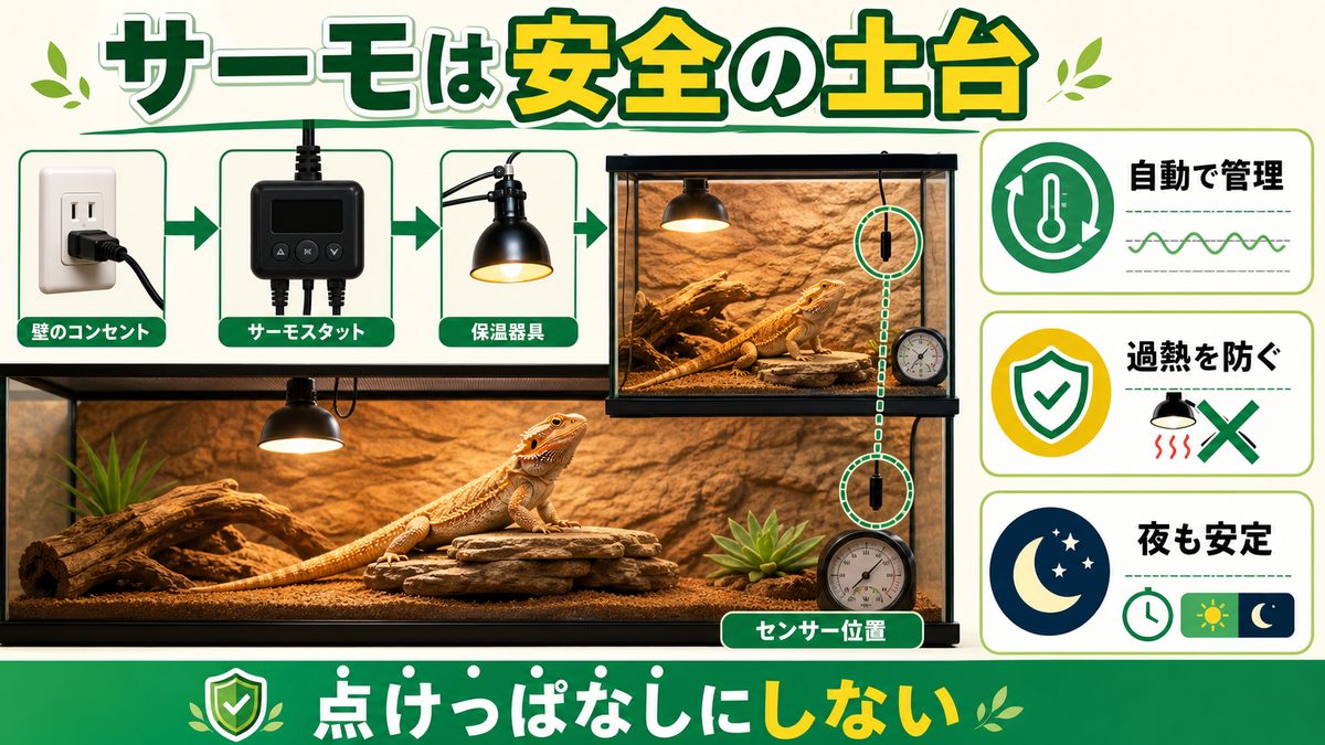 過熱を防ぐサーモスタットは“事実上の必須”の要点をまとめたカメレオン・爬虫類飼育インフォグラフィック