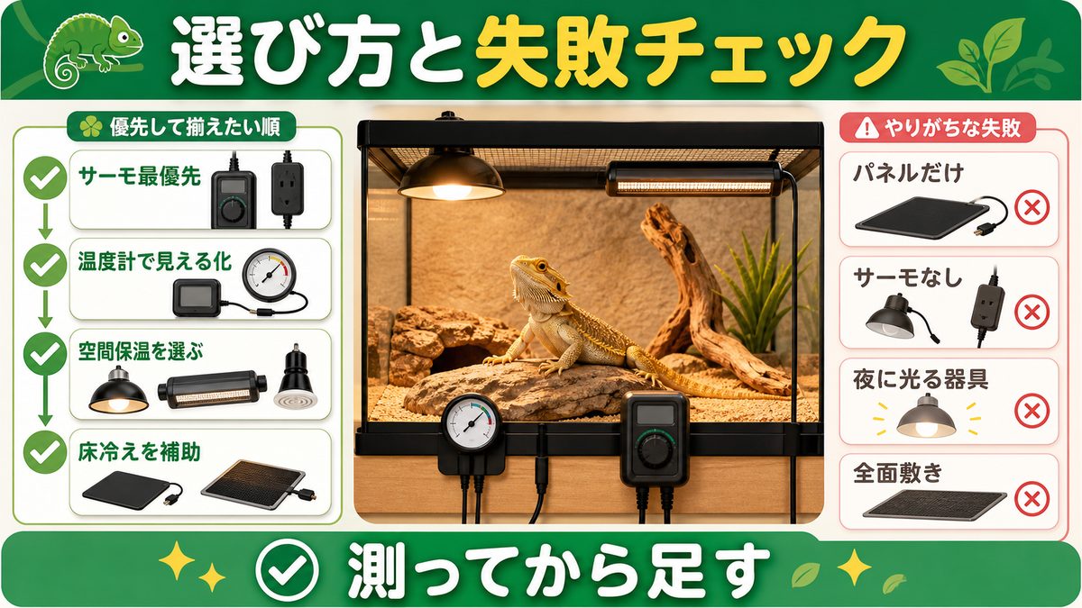 「私(カメレオン飼育者)ならこう選ぶ」判断軸とよくある失敗の要点をまとめたカメレオン・爬虫類飼育インフォグラフィック