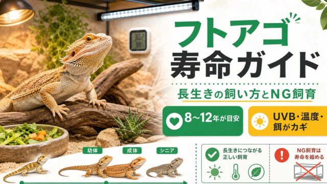 フトアゴヒゲトカゲの寿命は何年？長生きさせる飼い方と寿命を縮めるNG飼育の要点を伝えるカメレオン・爬虫類記事アイキャッチ画像